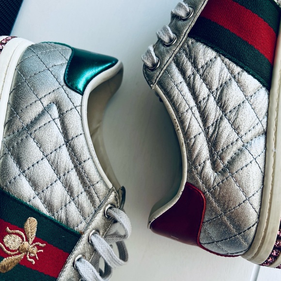 Gucci Silver Quilted Leather Bee Web Ace Crystal Embellished Platform Sneakers - Picture 15 of 16